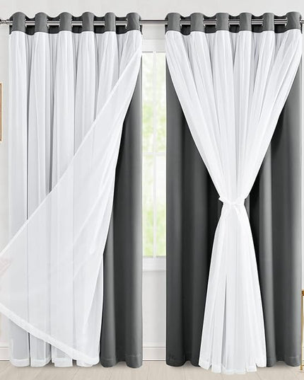 Hiasan Blackout Curtains with Sheer 84 Inches Long, Grommet Thermal Insulated Mix & Match Double Layer Window Curtains for Bedroom, Living Room, 2 Drape Panels with Tiebacks, Grey, 70W X 84L
