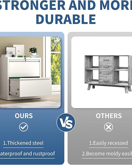 2 Drawer File Cabinet with Lock, White Metal Lateral Filing Cabinets for Home Office, Heavy Duty Steel Horizontal Locking Storage Cabinet for Legal/Letter/A4 Size File, Assembly Required