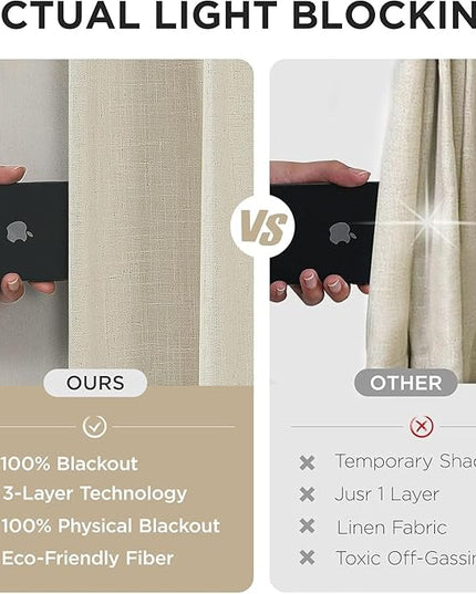 Joydeco 100% Blackout Pleated Curtains, Linen Window Curtains 2 Panel Sets 108 inches Long, Thermal Insulated Darkening Drapes for Bedroom(Bleached Sand,40'' Wx108'' L)