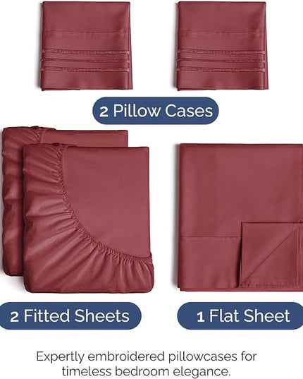 Split King Size 5 Piece Sheet Set - Comfy Breathable & Cooling Bed Sheets Set - Hotel Luxury Bedding for Women, Men, Kids, Teens, Boys & Girls - Deep Pockets, Soft, Wrinkle Free - Oeko-Tex - Burgundy