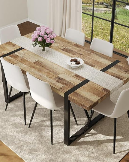 7 Piece Dining Table Set for 6, 71" Wood Kitchen Table Set with 6 PU Leather Chairs, Modern Rectangular Dining Room Table and Chairs Set for Home, Kitchen, or Living Room