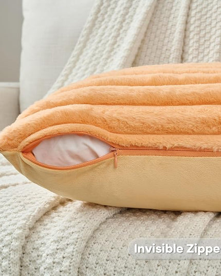 FUTEI Orange Throw Pillow Covers Set of 2, 16x16 Inch Striped Texture Cushion Cases with Soft Faux Rabbit Fur Front & Velvet Back, Modern Decorative Couch Pillows for Living Room