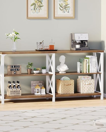 LVB Industrial Entryway Table, Farmhouse Rustic Console Table Behind Couch, Long Metal Sofa Table with Storage Shelf, Modern Hallway Table for Living Room Bedroom,White and Rustic Oak,63 inch