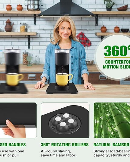 Appliance Slider 360° Rolling Tray for Coffee Maker Bamboo Coffee Pot Slider Tray Countertop Rotation Sliding Tray with Wheels, Small Appliances Mat Black (Small 11.8" × 9.8" × 0.6")