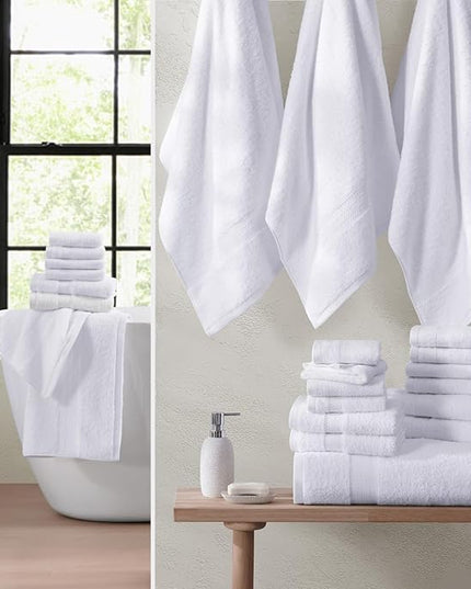 LANE LINEN 100% Mercerized Cotton Luxury Bathroom Towel Set - 16 Pcs - Super Soft, Fluffy & Highly Absorbent - 4 Bath Towels, 8 Washcloths, 4 Hand Towels - Complete Family Pack - White Bath Towel Set