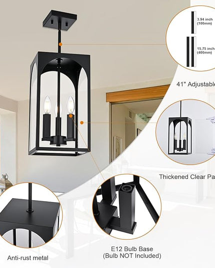VINLUZ 3 Lights E12 Outdoor Pendant Lighting Fixture in Black Finish Finish, Farmhouse Hanging Lantern Chandelier with Clear Glass Shade for Porch Entryway Hallway