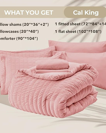 HYMOKEGE Rose Pink California King Comforter Set Seersucker 7 Pieces, All Season Luxury Bed in a Bag for Bedroom, Bedding Set with Comforter, Sheets, Pillowcases & Shams
