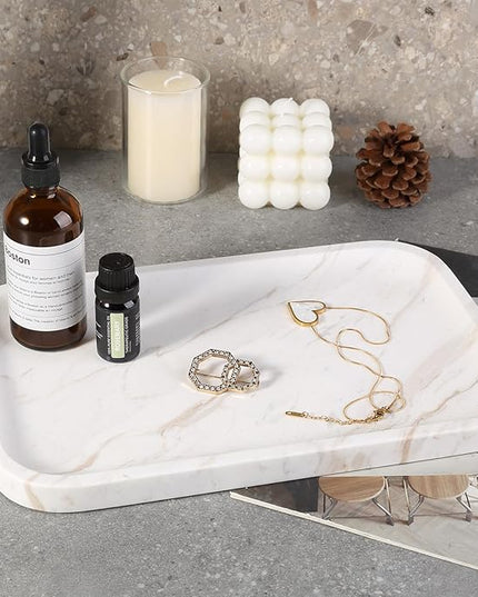 Marble Vanity Tray, Marble Bathroom Tray Countertop, Decorative Trays for Dresser Organizer, White Stone Storage Serving Trays for Kitchen, Perfume, Jewelry Cathall Holder