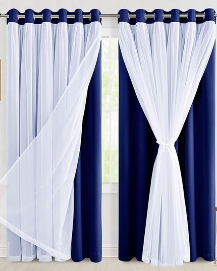Hiasan Blackout Curtains with Sheer Overlay 84 Inches Long, Thermal Insulated Double Layer Window Curtains for Bedroom, Living Room, Nursery, 2 Panels Sewn with Tiebacks, Navy Blue, 70W X 84L