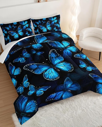 Dream Blue Butterfly Comforter Set King Size,Boho Bedding Comforter Sets for Kids Boys Girls Bedroom Decor Aesthetic,Animal Themed Bedding Soft Fluffy Comforter Sets with 2 Pillowcases.