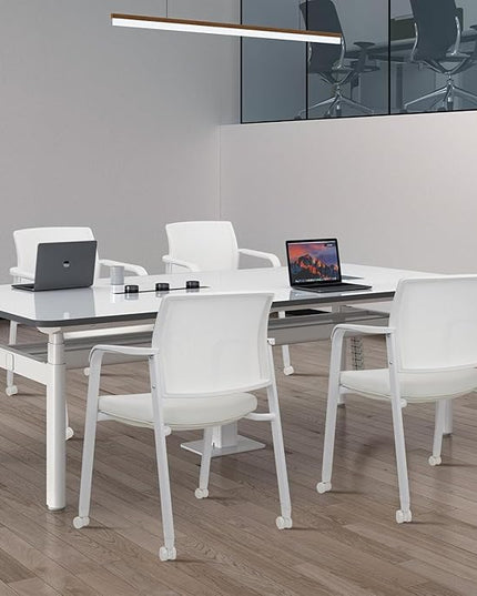 CLATINA Stacking Office Chairs with Wheels | Mesh Back, Thicken Leather Seat and Streamline Armrests, Ergonomic Lumber Support | School, Desk, Guest Reception, Waiting, Conference | Set of 8, White