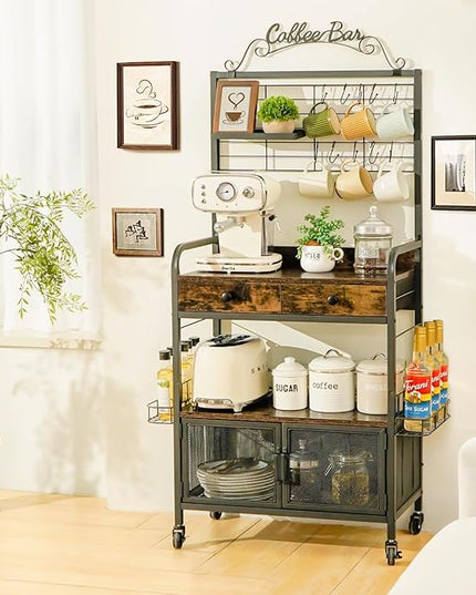 Coffee Bar Cart with Wheels, 5-tier Coffee Bar Table, Kitchen Coffee Bar Cabinet with Storage, Rustic Coffee Bar, Rolling Coffee Cart, Coffee Nook, Corner Coffee Bar Station with Drawer, Bakers Rack