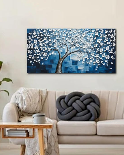 SSNEEKNDG Blue Tree of Life Wall Art for Bedroom White Flower Tree Large Artwork for Living Room Office Kitchen Modern Aesthetic Pictures Canvas Prints 24"x48"