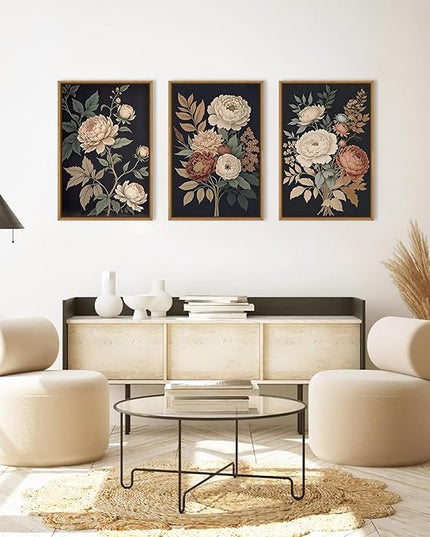 HOURIA Large Moody Dark Flower Framed Canvas Wall Art,Retro Beige Red Peony Wall Decor,Vintage Textured Blossom Botanical Artwork,Natural Wildflower Art Print for Living Room,Bedroom,Office-16 x24 x3