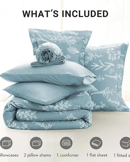 MUXHOMO Mineral Blue Cal King Comforter Set, Elegant Floral Print Bed in a Bag 7 Pieces, Ultra Soft & Breathable Reversible Botanical Pattern Bedding Set with Comforter, Sheets, Pillowcases, and Shams