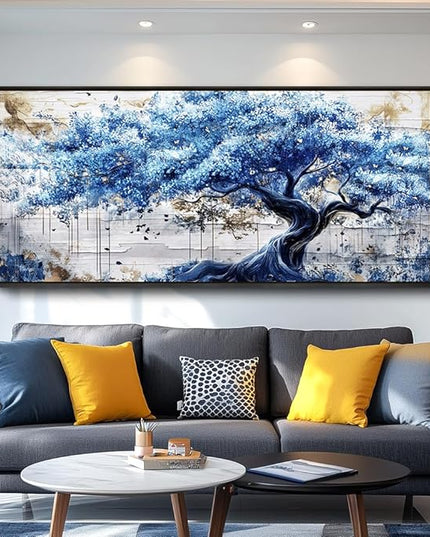 ERQINHUA Large Canvas Wall Decor For Living Room Wall Art For Bedroom Office Home Decor Blue Tree Wall Paintings Farmhouse Abstract Watercolour Pictures Artwork Ready To Hang 32x72 In Black Framed