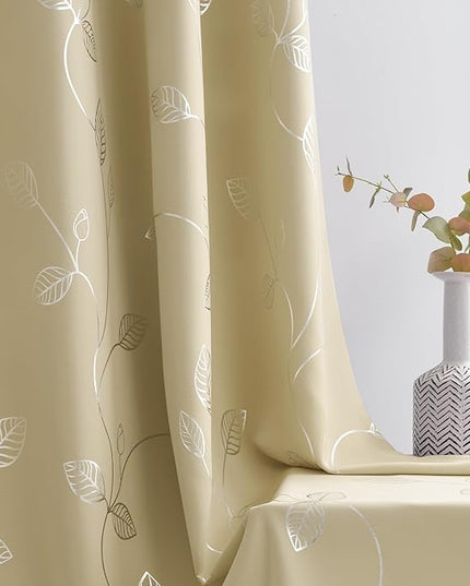 BUHUA Wave Silver Leaf Print Blackout Curtains for Living Room Darkening Curtains Light Blocking Curtains for Bedroom 66W×63L Beige 2 Panels