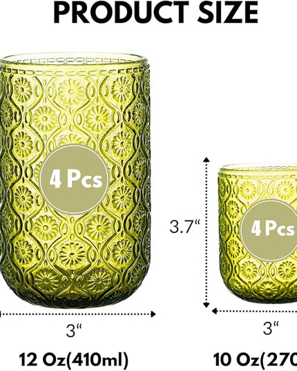 Green Drinking Glasses Set of 8, 12 Oz Highball & 10 Oz Cocktail Glasses, Green Kitchen Vintage Glassware Set, Floral Embossed Glass Tumbler Cups for Water, Beer, Juice, Whiskey, Coffee
