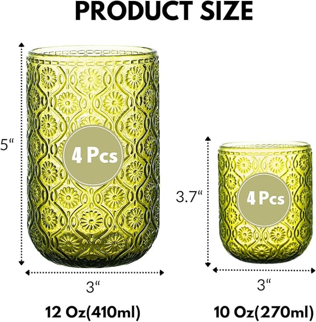 Green Drinking Glasses Set of 8, 12 Oz Highball & 10 Oz Cocktail Glasses, Green Kitchen Vintage Glassware Set, Floral Embossed Glass Tumbler Cups for Water, Beer, Juice, Whiskey, Coffee