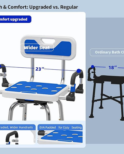 Swive Shower Chair with Arms and Back Heavy Duty 500 lbs for Seniors Elderly Disabled or Bariatric Adults Bench Seat for Inside Shower Stall and Bathroom Bath Tub Seats Adjustable Stool