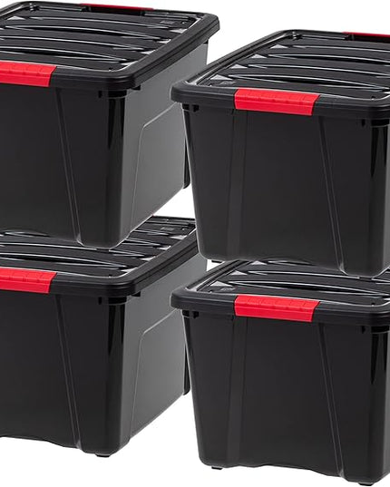 IRIS USA 40 Qt Stackable Plastic Storage Bins with Lids, 4 Pack - BPA-Free, Made in USA - Garage Organizing Solution, Latches, Durable Nestable Containers, Secure Pull Handle - Black