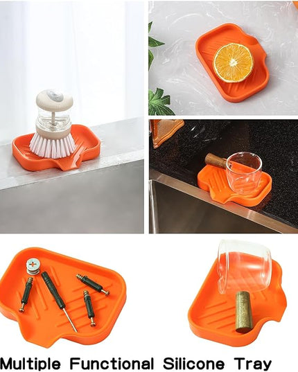 Silicone Bathroom Soap Dishes with Drain Spout-Bathroom and Kitchen Sink Organizer,Sponge Holder,Dish Soap Tray,Perfect for Dispenser,Scrubber,Bottle,Cup on Sink or Counter-Orange 4.9"×3.2"