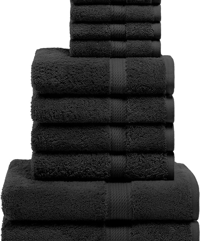 Superior Egyptian Cotton Pile 10 Piece Towel Set, Includes 2 Bath, 4 Hand, 4 Face Towels/Washcloths, Ultra Soft Luxury Towels, Thick Plush Essentials, Guest Bath, Spa, Hotel Bathroom, Black