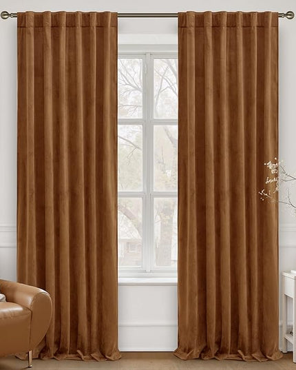 LAMIT Velvet Curtains for Living Room 96 Inches Long, Mid Century Thermal Blackout Curtains Room Darkening Back Tab and Rod Pocket Panels for French Country, 2 Panels, Bronze Brown, 52 x 96 Inch