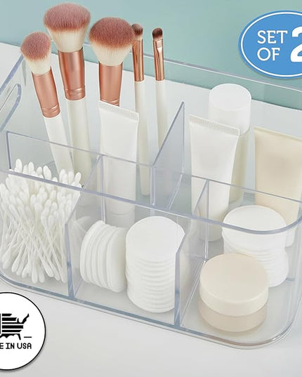 STORi Bliss 5-Compartment Plastic Cosmetics Storage Organizer, Set of 2 | Clear | Rectangular Divided Makeup Bin & Vanity Caddy with Pass-Through Handles | Round Corner Design | Made in USA