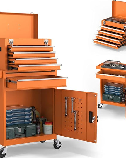 5-Drawers Tool Chest, 2-in-1 Rolling Tool Box with Wheels and Drawers, Detachable Storage Toolbox with Lock, Heavy-Duty Metal Tool Cart for Garage, Workshop (Orange)