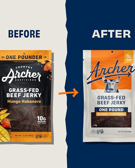 Country Archer Grass-Fed Beef Jerky - Beef Jerky Snack Pack, Beef Jerky Bulk, Individual Beef Jerky Pack, Protein Snack, Country Archer Beef Jerky, Gluten Free, Paleo - Mango Habanero, 16 oz