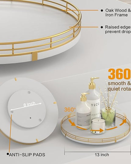 13“ Wooden Lazy Susan Turntable for Cabinet – Round Rotating Spice Rack Organizer, White Kitchen Countertop Tray for Dining Table & Pantry Storage (White & Gold)