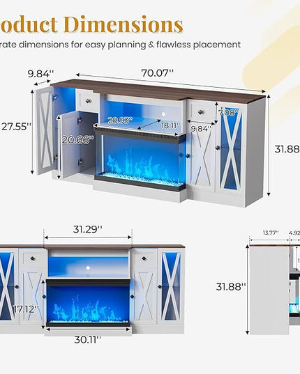 3-Sided Glass Farmhouse Electric Fireplace TV Stand, Farmhouse Entertainment Center with 36" Fireplace & LED Lights, 70'' Large TV Stands with with Glass Door Storage Cabinet (Farmhouse White)