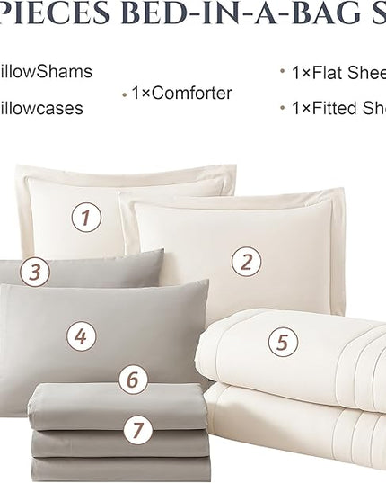Monbix Full Comforter Set - 7 Pieces White Bed in a Bag Full Size Bedding Sets with Comforters, All Seasons Down Alternative Comforter with Sheets,Pillowcases & Shams