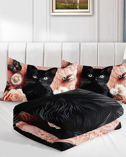 AILONEN Kids Cute Black Kitten Print Bedding Sets for Room Decor Twin Size,Pink Flowers Butterfly Comforter Set for Kids Girls,Kawaii Animal Duvet Set,3-Piece, 1 Quilt and 2 Pillowcases,Soft
