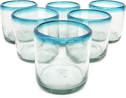 Aqua Blue Rim 8 oz DOF Rocks Glasses (set of 6) Mexican Handmade Glassware, Recycled Glass, Lead-free, Toxin-Free (DOF Rocks)