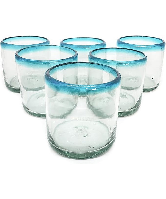 Aqua Blue Rim 8 oz DOF Rocks Glasses (set of 6) Mexican Handmade Glassware, Recycled Glass, Lead-free, Toxin-Free (DOF Rocks)