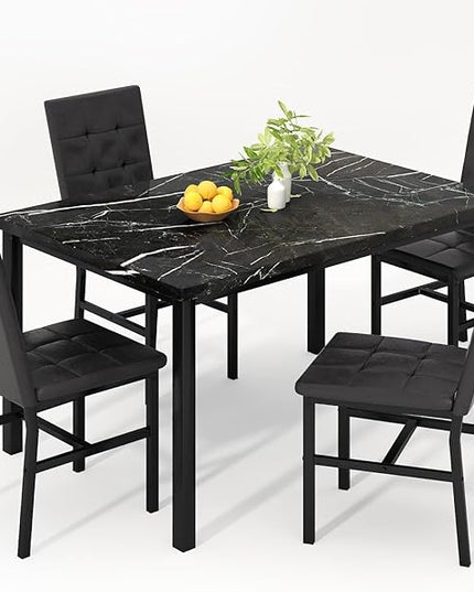 Hooseng Kitchen Table Set 5 Piece Dining Room Table Set Marble Dining Table 4 Chair Dining Table Set for Kitchen Living Room Breakfast Small Spaces (Black)