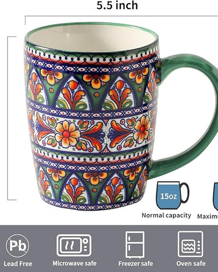 HASENSE Coffee Mugs, 15 OZ Coffee Cups Ceramic Set of 4 with Handle and Bohemian Style for Man Woman, Vintage Stoneware Porcelain Coffee Cups Set for Tea, Cocoa, Milk, Latte and Cappuccino - Multi