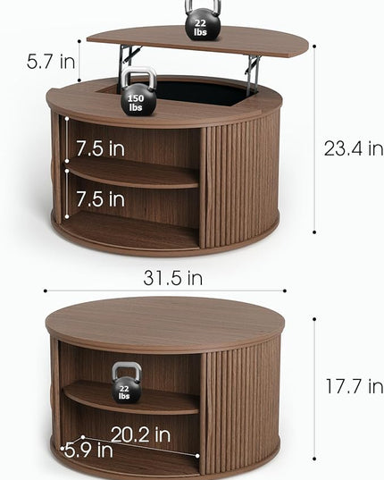 Round Coffee Table with Storage, 31.5" Drum Coffee Table with Lifting Top, Small Fluted Accent Center Table for Living Room, Walnut
