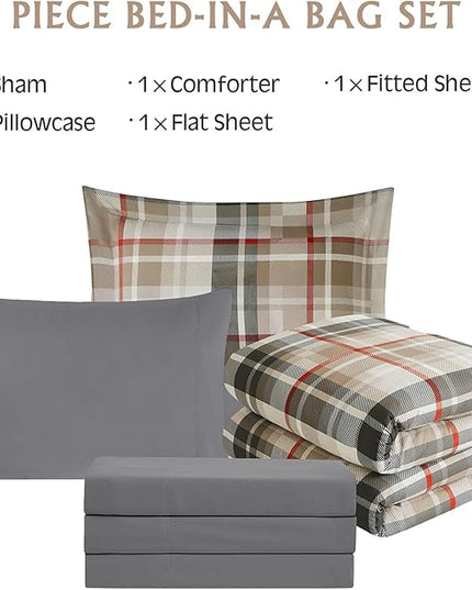 MaiRêve Twin XL Comforter Set, Plaid Design Comforter Set 5 Pieces,Twin XL Comforter for Dorm Farmhouse All Season Lightweight &Comfy with Fitted Sheet, Flat Sheet (Khaki, 66"x90")