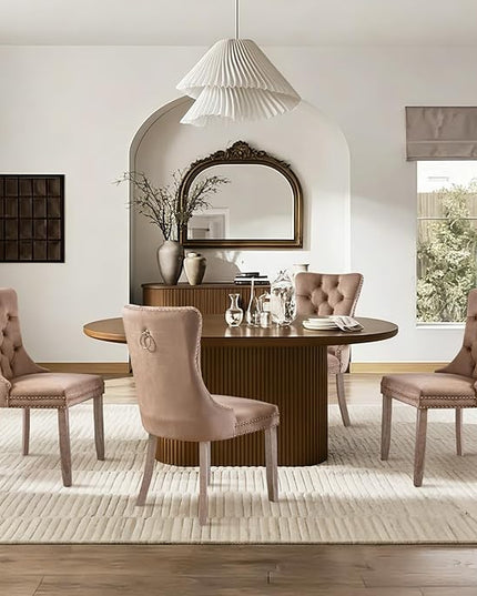 SoarFlash Velvet Dining Chairs Set of 4, Tall Back Side Chair, Modern Upholstered High-end Tufted Side Chair with Button Back Ring, Solid Wood Legs (Khaki)