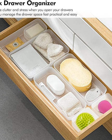 Poeland 15 Pcs Drawer Organizer Tray Storage Box for Bedroom Dresser Bathroom Kitchen, Frosted