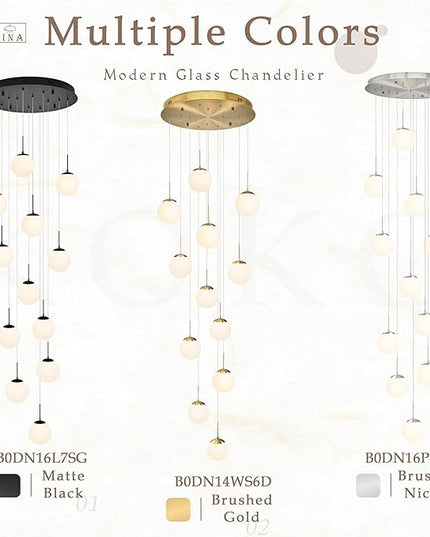 KoKo&Yukina 12-Light Black Mid Century Modern Chandelier for Living Room Staircase Chandelier for Entryway Globe Milky White Glass Pendant Light High Ceiling Chandeliers Foyer (Bulb & Remote Incl.)
