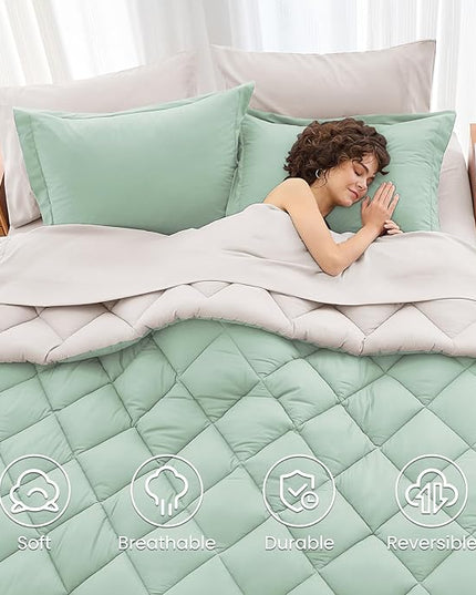 MUXHOMO 7 Pieces Queen Comforter Set, Reversible Bed in a Bag Queen Size, All Season Bedding Set with Comforter, Flat Sheet, Fitted Sheet, Pillowcases & Shams, Sage Green & Beige