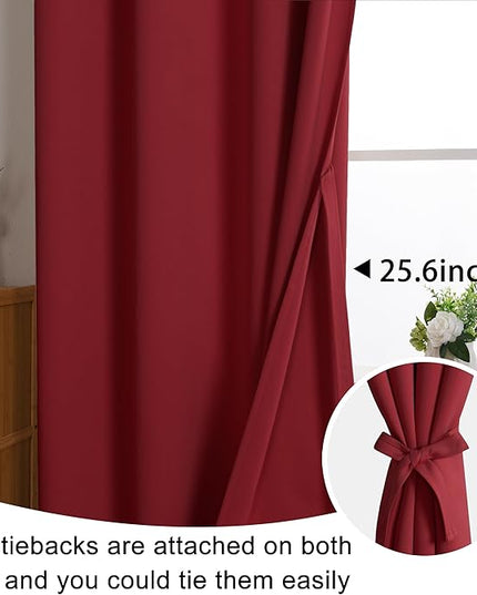 JIUZHEN Red Blackout Curtains with Tiebacks - Thermal Insulated, Light Blocking and Noise Reducing Grommet Curtains for Bedroom and Living Room, Set of 2 Window Curtain Panels, 60 x 63 Inch Length