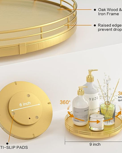 9" Gold Lazy Susan for Table Top, Oak Wood Lazy Susan Turntable Organizer for Dining Coffee Table Centerpiece Bar Decor Kitchen Countertop Bathroom Vanity Decorative Tray for Perfume Jewelry Round