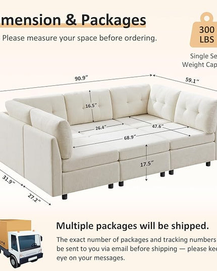 VANOMi 5 Seater Modular Sectional Sofa, Convertible Modular Cloud Sofa Bed with Ottoman, Comfy Chenille Sofas & Couches for Living Room, Apartment, Office, White, Sofa Bed