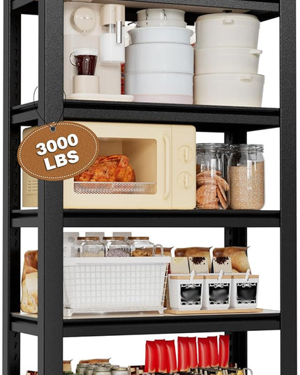 WORKPRO House 5-Tier Shelving Unit, 3000lbs Adjustable Storage Shelves, Boltless Book Shelf, Shelf Organizer for Kitchen, Living Room, Bathroom, Wood Grain Pattern, Waterproof Board, 24-1/10"W, Black