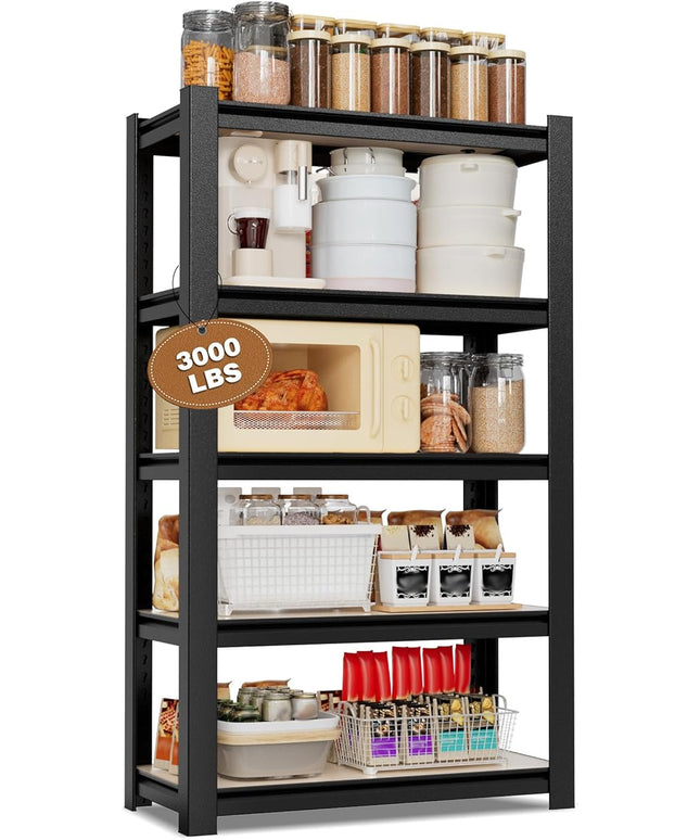 WORKPRO House 5-Tier Shelving Unit, 3000lbs Adjustable Storage Shelves, Boltless Book Shelf, Shelf Organizer for Kitchen, Living Room, Bathroom, Wood Grain Pattern, Waterproof Board, 24-1/10"W, Black